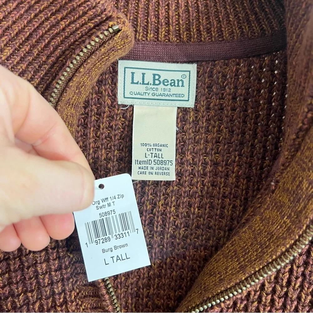 NWT L.L. Bean men’s organic cotton waffle knit 1/4 zip sweater L Tall rust brown